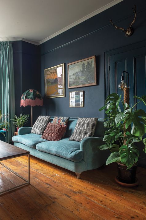 Victorian terrace house: Carol's home is full of colour, art and antique finds | HouseAndHome.ie Victorian Terrace House Living Room, Terrace House Living Room, Victorian House Interiors, Victorian Living Room, Victorian Terrace House, Dark Blue Walls, Dark Living Rooms, Antique Finds, Colour Art