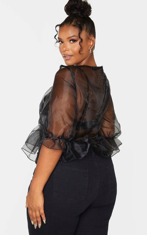 Plus Black Sheer Organza Puff Sleeved Crop Top | PrettyLittleThing USA Organza Top Styles, Organza Puff Sleeves, Leslie Sidora, Spring Shoot, Waterfall Coat, Puff Blouse, Sleeved Crop Top, Plus Size Tops For Women, Organza Top