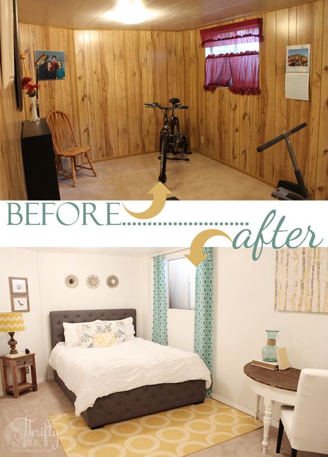 Basement Guestroom Makeover: Pinning this for my basement guest room when I finish the basement. Wood Paneling Makeover, Paneling Makeover, Basement Guest Rooms, Painting Wood Paneling, Remodeling Mobile Homes, Basement Bedrooms, Painted Paneling, After Photos, Basement Remodeling