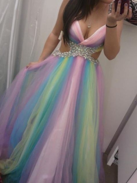 Rainbow Prom Dress, Ballgown Dresses, Prom Dress Aesthetic, Rainbow Wedding Dress, Prom Dress Short, Dress Short Prom, Prom Dress Long, Rainbow Wedding, Graduation Dresses