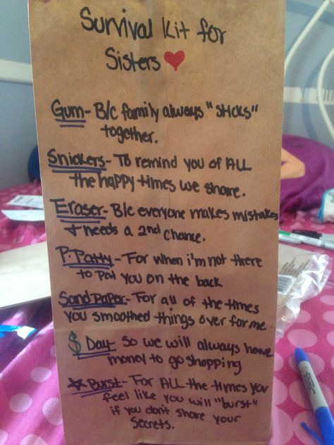 Big Sister Survival Kit Ideas, Sister Survival Kit, Big Sister Kit, Survivor Kit, Sister Gifts Diy, Birthday Care Packages, Care Basket, Sister's Birthday, Big Brother Gift