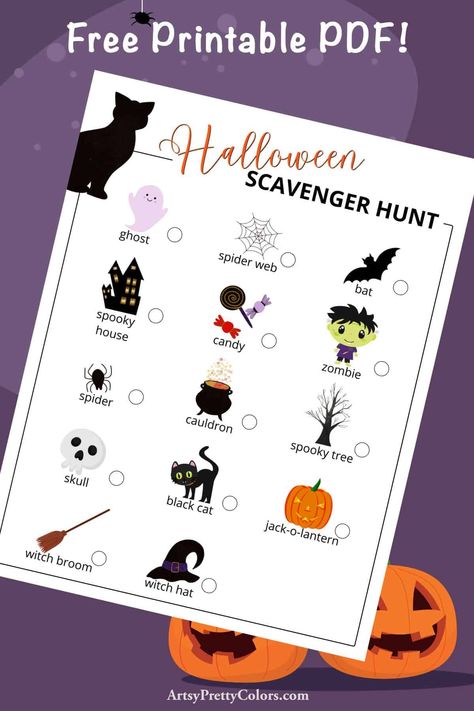 A fun activity for the spooky season – a free Halloween Scavenger Hunt For Kids! This printable PDF has a list of Halloween-themed items for your kids to find around the neighborhood. The perfect activity for kids of all ages. #Halloweenideas#Halloweenactivity#halloweenprintables#holidayprintable#kidsactivity Free Halloween Scavenger Hunt Printable, Halloween Neighborhood Scavenger Hunt, Halloween Scavenger Hunt For Kids Free, Halloween Scavenger Hunt For Kids, Book Scavenger Hunt, Preschool Scavenger Hunt, Neighborhood Scavenger Hunt, Printable Halloween Decorations, Halloween Scavenger Hunt