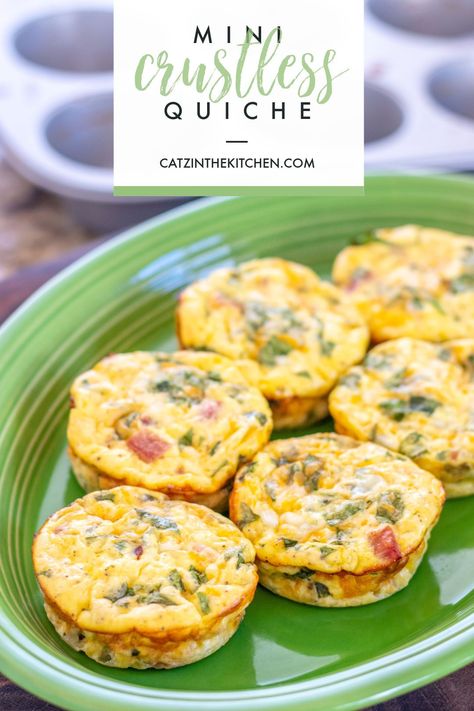 These mini crustless quiche are an easy, make-ahead breakfast that will save you time while being healthy & flexible with what you can add in! Individual Crustless Quiche Recipes, Crustless Quiche Cups Muffin Recipes, Muffin Quiche Recipes Crustless, Mini Crust Less Quiche, Muffin Tin Quiche Crustless, Easy Quiche Cups, Breakfast To Go Ideas Make Ahead, Crustless Mini Quiches In Muffin Tin, Quiche Muffins With Tortillas