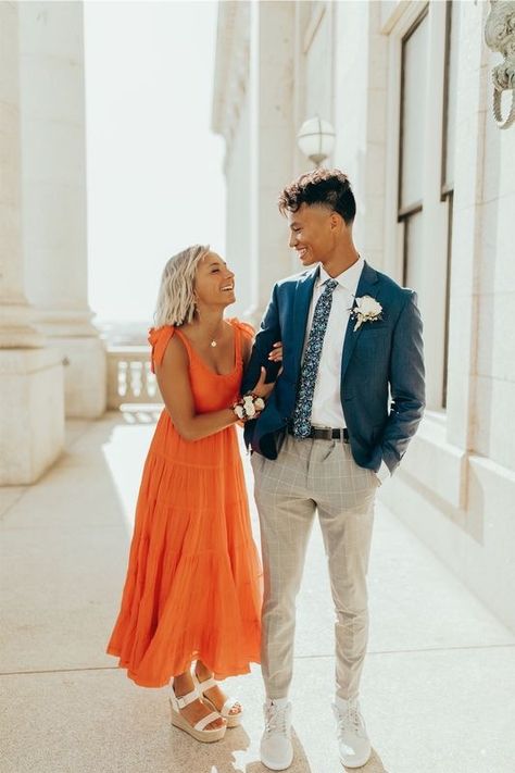 Spring Wedding Guest Couple Outfit, Orange Dress Couple Outfit, Hoco Photography Poses, Couple Formal Outfits Classy, Hoco Boys Outfits, Mormon Prom, Couple Prom Pictures, Homecoming Pics, Ankle Length Prom Dress