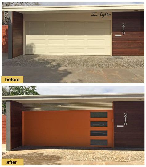 Mcm Garage Doors, Mcm Palette, Garage Door Curb Appeal, Mid Century Garage, Garage Door Update, Faux Wood Garage Door, Contemporary Garage Doors, Garage Door Colors, Metal Garage Doors