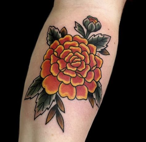 Traditional Style Carnation Tattoo, Marigold Elbow Tattoo, American Traditional Marigold Tattoo, Marigold Tattoo Traditional, Marigold Traditional Tattoo, Traditional Marigold Tattoo, Marigold Flower Tattoos, Mexican Traditional Tattoo, Marigold Tattoos