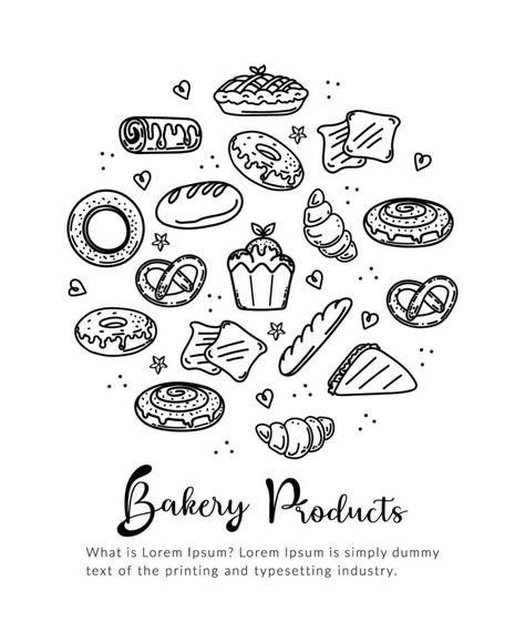 Bakery and pastry collection with various sorts of bread, croissant, pretzel, french baguette, rolls, bagels, cupcake, cakes, muffins. Hand drawn doodle style vector illustrations isolated on white. Pretzel Doodle, Croissant Doodle, Bakery Doodles, Pastry Tattoo, Cake Doodle, Bread Croissant, Bread Drawing, Pastry Basket, Bakery Icon