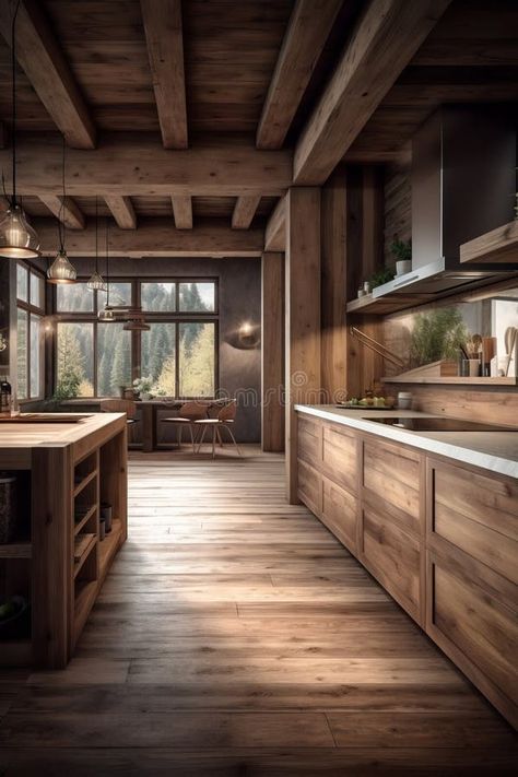 Illustration about Minimalist wooden kitchen interior in modern Swiss chalet. Illustration of natural, room, chalet - 298808894 Modern Lodge Kitchen, Wooden Kitchen Interior, Modern Swiss Chalet, Swiss Interior, Kitchen Interior Modern, Lodge Kitchen, Natural Room, Modern Lodge, Chalet Design