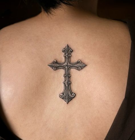 35+ Cross Tattoo Ideas for Women Cross Tattoo Cybersigil, Christian Tattoos For Women Back, Cross On Back Tattoo, Cross And Wings Tattoo, Cross Tattoo On Back, Goth Cross Tattoo, Cross Neck Tattoo, Gothic Cross Tattoo, Pretty Cross Tattoo