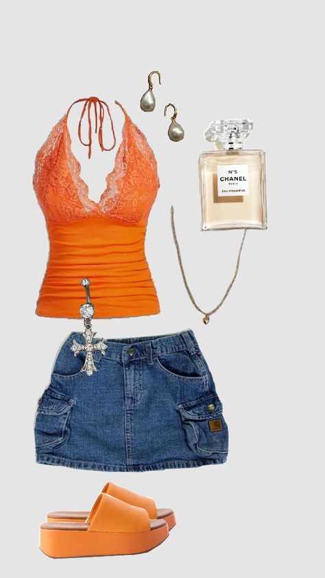 #outfit #outfitinspo #summer #Summerfit #fit #miniskirt #orange Summer Outfits Ginger Hair, Cute Y2k Summer Outfits, Y2k Skirt Outfit Aesthetic, Bright Summer Outfits Aesthetic, Y2k Outfits For Summer, Orange And Blue Outfits For Women, Summer Outfit Y2k, Orange Corset Outfit, Orange Outfit Ideas Summer