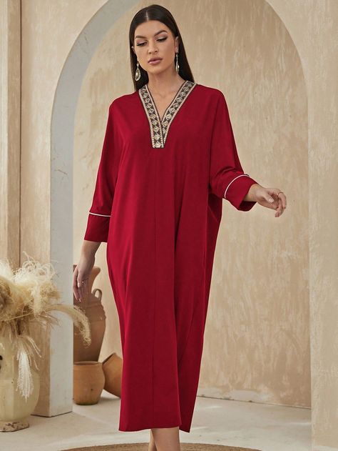 Red Modest Collar Three Quarter Length Sleeve Fabric Geometric Tunic Embellished Non-Stretch Spring/Fall Women Clothing Abaya Kimono, Color Blocking Outfits, Cotton Outfit, Shirts Women Fashion, Contrast Piping, Abayas Fashion, Batwing Sleeve, Printed Blouse, African Print