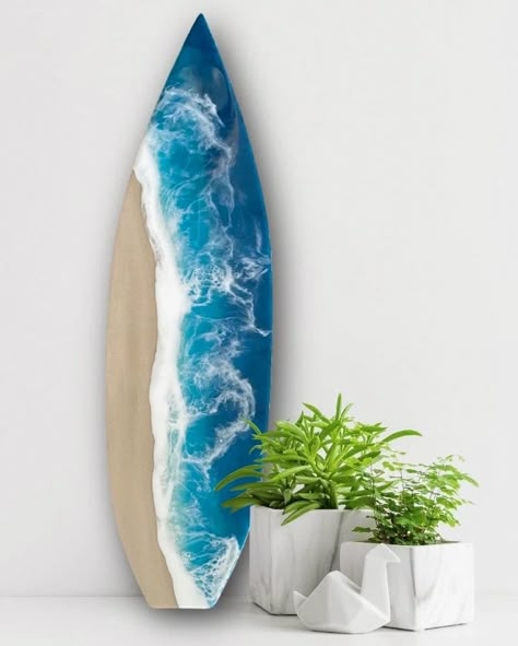 Surfboard Resin Art, Diy Surfboard Decor, Surfboard Resin, Surfboards Artwork, Surf Room Decor, Candle Board, Surfboard Painting, Wall Art Resin, Resin Beach