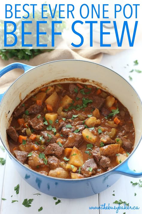 This Best Ever One Pot Beef Stew is an easy, classic beef stew recipe that cooks to perfection on the stove top and in the oven. It's the best comfort food! Recipe from thebusybaker.ca #comfortfood #bestbeefstewrecipe #besteverbeefstew #easybeefstew #winterstew #soup One Pot Beef Stew, Beef Stew Dinner, Classic Beef Stew Recipe, Best Beef Stew Recipe, Classic Beef Stew, Easy Beef Stew, Stew Meat Recipes, Pot Beef Stew, Slow Cooker Beef Stew