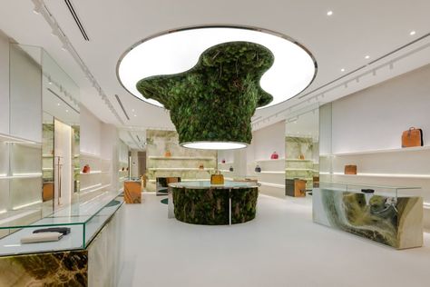 Curved Bench, Terrazzo Floors, Futuristic Aesthetic, Oak Armchair, Biophilic Design, Store Interiors, Putrajaya, V Magazine, Abstract Tree