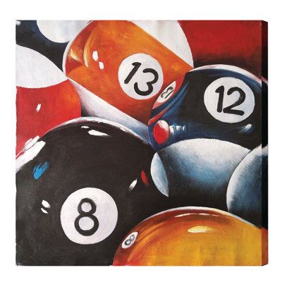 Billiards themed oil painting featuring billiards balls on canvas that will undoubtedly add charisma to your recreational space. Each of these beautiful pieces boast hand painted details. | Winston Porter Wrapped Canvas Painting Canvas in Black / Orange, Size 24.0 H x 24.0 W x 2.0 D in | Wayfair | Home Decor Pool Paint, Office Paint, Retro Painting, Medallion Wall Decor, Pool Ball, Tree Wall Decor, Billiard Balls, Billiards, Black Orange