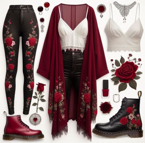 Boho Witch Aesthetic Outfit, Pink Hair Fashion Outfit, Rowena Supernatural Outfits, Gnomecore Outfit, Witch Aesthetic Fashion Outfit, Plus Size Whimsy Goth Outfits, Dark Red Top Outfit, Persephone Outfit Aesthetic, Red Witch Outfit