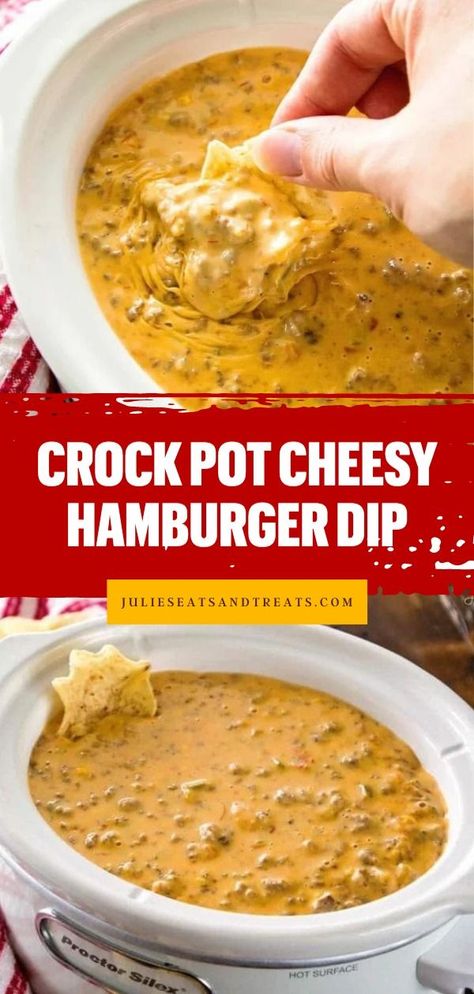 An easy appetizer recipe in the slow cooker! It's the BEST cheese dip. Perfectly spicy and cheesy, this crock pot hamburger dip is the party snack that will have everyone coming back for more! Cheesy Hamburger Dip, Cheese Dip Recipes Crockpot, Crock Pot Hamburger, Hot Sausage Recipes, Rv Snacks, Hamburger Dip, Easy Chip Dip, Hamburger In Crockpot, Dip Ideas