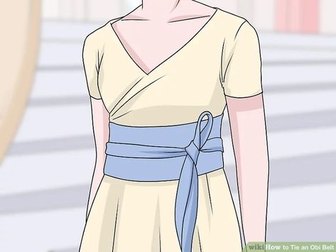 Easy Ways to Tie an Obi Belt: 9 Steps (with Pictures) - wikiHow How To Tie Kimono Obi, How To Tie An Obi Belt, How To Tie A Wrap Belt, How To Tie A Belt On A Dress, Wrap Belt Outfit, Obi Belt Diy, Obi Belt Pattern, How To Tie A Belt, Obi Pattern