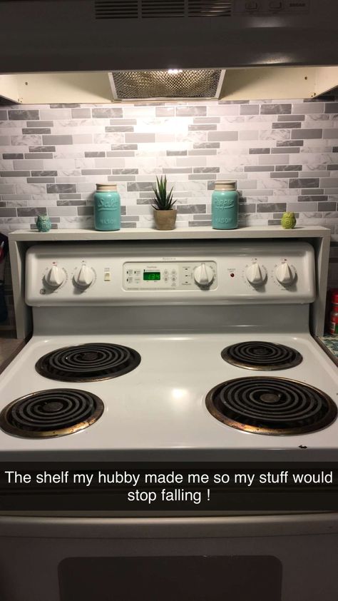 Microwave Shelf Over Stove Diy Floating Shelves, Behind The Oven Shelf, Wall Shelf Over Stove, Over The Oven Shelf, Back Of Stove Shelf, Stove Shelf Over The, Diy Stove Shelf, Stove Top Decor Ideas, Behind Stove Decor Ideas