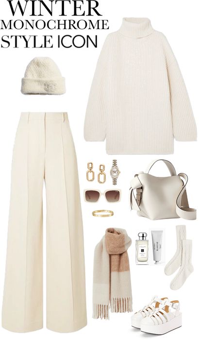 Cream Monochrome Outfit Winter, Beige Monochrome Outfit Winter, Elegant Monochrome Outfit, Tonal Outfits Monochrome, Monochrome Outfits For Women, Monocratic Outfits, Stockholm Outfit Ideas, Winter Monochrome Outfit, Cream Monochrome Outfit