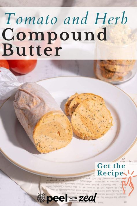 Create a creamy and delicious tomato compound butter with tomato paste, softened butter, and fresh herbs! Perfect topping for meat, fish, and vegetables! Easy tomato butter recipe perfect for topping grilled steaks, baked potatoes and more. This is the best sauce/ condiment for holiday dinners. Chicken Garlic Bread, Compound Butter Recipes, Flavored Butter Recipes, Butter Recipes Homemade, Compound Butters, Compound Butter Recipe, Herb Butter Recipe, Tomato Butter, Chicken Garlic