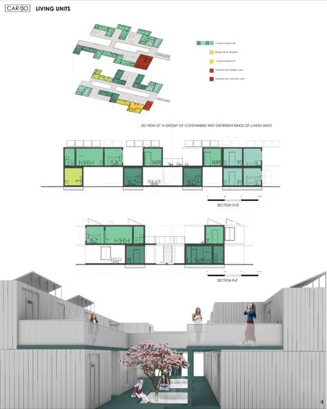 Homes for the homeless students Unit Design Architecture, Concept For Housing Project, Levels Architecture Concept, Social Building Architecture, Connected Buildings Architecture, Open Building Architecture, Community House Architecture, Modular Architecture Plan, Housing Concepts Architecture