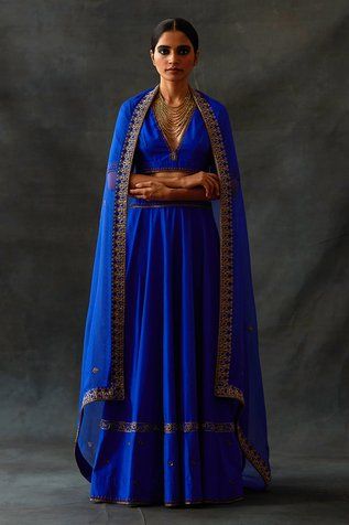 Shop for Nishar Ahmed Blue Habutai Silk Placement Zardozi Embroidered Lehenga Set for Women Online at Aza Fashions Blue Indian Outfit, Silk Lehenga Designs, Blouse Organza, After Wedding Dress, Lehenga And Blouse, Dori Work, Placement Embroidery, Lehenga Pattern, Half Sarees