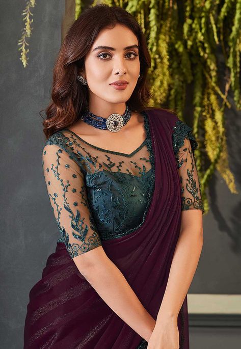 Shop Embroidered Border Chiffon Saree in Wine now!