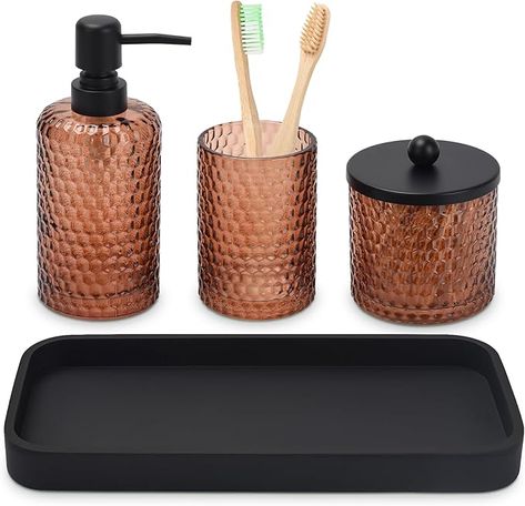 Amazon.com: Bathroom Accessories Set,4 Pcs Amber Glass Bathroom Accessories Sets-Lotion Soap Dispenser,Toothbrush Holder,Qtip Holder Dispenser & Resin Vanity Tray,Countertop Vanity Organizer,Amber : Home & Kitchen Amber Glass Bathroom, Glass Bathroom Accessories, Bathroom Vanity Tray, Lotion Candles, Floss Picks, Bathroom Accessories Set, Bathroom Decor Sets, Bathroom Accessories Sets, Bathroom Countertops