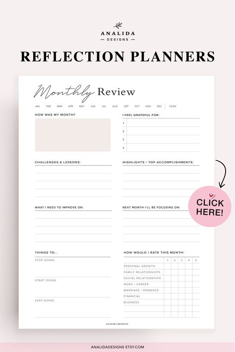 🖤 DAILY, WEEKLY & MONTHLY REVIEW/REFLECTION PRINTABLE PLANNERS.
These 3 inserts give you total control over what information you’d like to reflect on in your daily/weekly & monthly review. These Self-reflections worksheets help you record moments, plan ahead and reflect on your thoughts, feelings, and goals. It comes in A4, A5, Letter sizes. Total of 3 unique design pages. Instant download PDF file. $4.99 Weekly Reflection Journal Template, Monthly Goal Printable, Weekly Planner 2 Page Layout, Monthly Review Planner, Monthly Reflection Template, Daily Review Journal, Weekly Review Bullet Journal, Weekly Reflection Template, Monthly Review Template