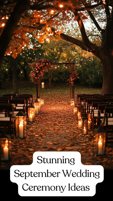 A romantic outdoor wedding ceremony setup with rich fall colors, cozy decor, and warm lighting, perfect for a stunning September celebration. Outdoor Wedding Fall Ideas, Woodsy Fall Wedding Decor, Fall Wedding In Woods, Fall Wedding Arch Ideas Outdoor Ceremony, October Backyard Wedding Ideas, Outdoor Fall Wedding Ceremony Decor, Cozy Romantic Wedding, Dusk Wedding Ceremony, Late Summer Wedding Ideas