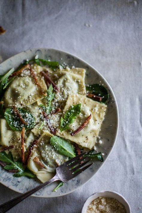 Stinging Nettle  Ricotta Ravioli with Proscuitto, Lemon Butter,  Greens by Beth Kirby at Local Milk Blog. This recipe has homemade pasta that is so easy to make and even homemade ricotta if that is your thing! Homemade Ricotta, Ricotta Ravioli, Local Milk, Stinging Nettle, Pasta Fatta In Casa, Enjoy Your Meal, Think Food, Slow Food, Cast Iron Skillet