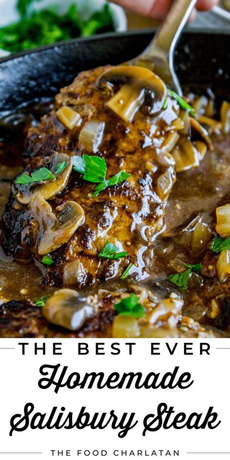 Salisbury Steak sounds so fancy but it's SO easy to make. They are basically mini meatloaves fried and served with mushroom gravy. It's the perfect comfort food and only takes 30 minutes to make. You have to serve this with creamy mashed potatoes to get the full effect! Because it's so fast and easy this is a great weeknight meal, but it's fancy enough for Sunday dinner or a special occasion. This recipe is a real crowd pleaser with its simple, down-home, savory flavors. You'll love it! Easy Salisbury Steak Recipe, Homemade Salisbury Steak, Easy Salisbury Steak, Budget Dinners, Salisbury Steak Recipe, Mini Meatloaves, Salisbury Steak Recipes, Food Charlatan, Dinner On A Budget