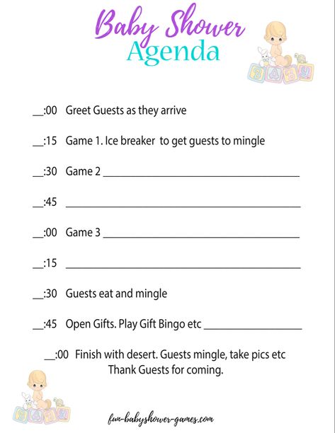 Baby Shower Itinerary Timeline, Free Baby Shower Games Printables Boys, Baby Shower Itinerary Ideas, Baby Shower Schedule Of Events, Baby Shower Agenda Timeline, Affordable Baby Shower Ideas, Baby Shower Program Ideas, Baby Shower Program Template, Baby Shower Schedule