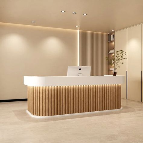 Brayden Studio® Camrynn 2 Person Rectangular Laminate Reception Desk with Filing Cabinet | Wayfair Studio Reception Desk, Spa Reception Design, Corner Reception Desk, Studio Reception, Lobby Reception Desk, Laminate Reception Desk, Front Desk Design, Curved Reception Desk, Wood Reception Desk