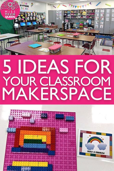 Come learn how to create a STEM Makerspace in your classroom! I have some tips and ideas for how you can have a functional and organized room for your elementary students. You will also learn what kind of activities, challenges, and projects your students can make. These simple hacks will make life easy throughout the year. Kindergarten Makerspace Activities, Makerspace Ideas For Kindergarten, Library Makerspace Ideas Elementary, Stem Class Decor, Stem Classroom Activities, Easy Makerspace Activities, Makerspace Art Projects, Steam Lab Decor, Maker Space Activities