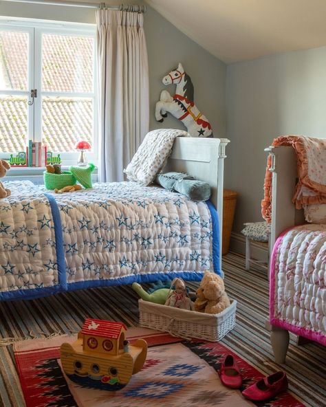 What's your favourite look for a little bedroom? We love rooms with lots of personality that are packed with colour, handmade objects and… | Instagram Vintage Kids Room, Stylish Bedding, Shared Kids Room, Single Quilt, Nursery Essentials, One Bed, Stylish Beds, Pink Or Blue, Blue Quilts