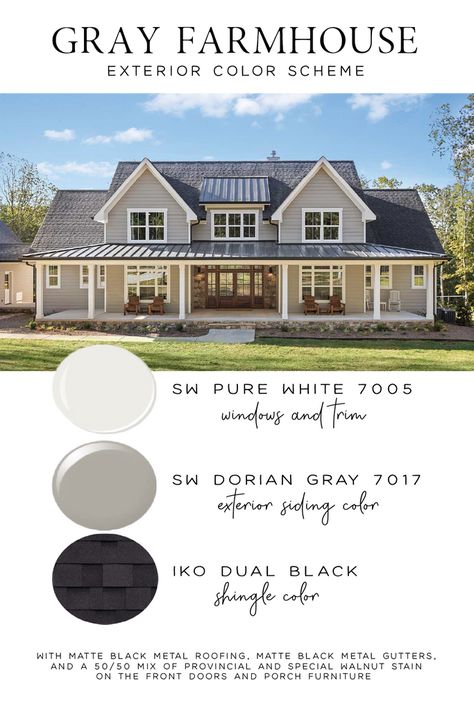 House Exterior Colors Schemes With Black Windows, Farmhouse Exterior Paint Colors Grey, Garage Siding Ideas Exterior Colors, Modern Paint House Exterior, Outside Farmhouse Colors, Greige House Color Scheme Exterior, Color Exterior House Ideas, Gray Exterior Farmhouse, Exterior Farmhouse Color Schemes