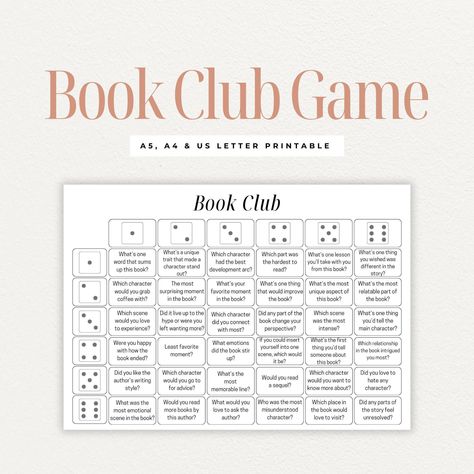 Add a fresh twist to your book club meetings with our "Roll the Dice Book Club Edition" game! Perfect for readers of any genre, this printable game is packed with engaging and thought-provoking questions that spark lively discussions and bring new insights to your favorite reads. Each player takes turns rolling two dice and answering the corresponding question on the game sheet. Keep the fun going until everyone has had a turn or all questions are answered.  Perfect for book lovers, reading enth Book Club Sign Up Sheet, Book Club Conversation Starters, Book Club Games For Women, Book Club Games, Book Club Printables, Book Club Ideas Hosting, Book Club Discussion Questions, Book Club Activities, Book Club Discussion