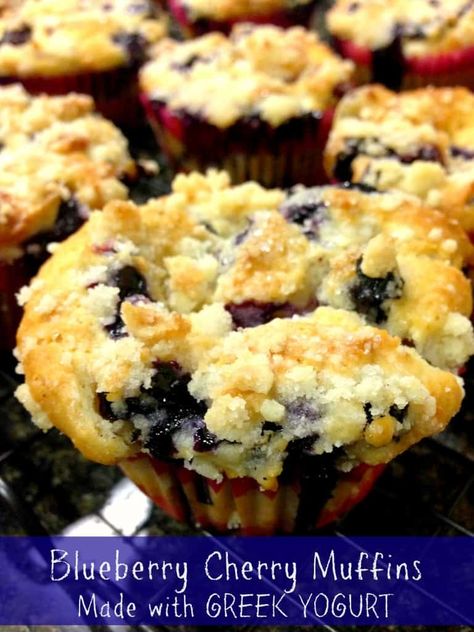 I’ve made muffins before that were good, but nothing like this! These Blueberry Cherry Muffins with Streusel Topping are made with fresh blueberries and cherries (remember how I have 30 lbs of Door County Cherries to go through 🙂 ) and made with Greek Yogurt. I wanted to know if it was just a fluke...Read On → Honey Deserts, Sour Cherry Muffins, Muffins Made With Greek Yogurt, Baking With Yogurt, Best Muffin Recipe, Sour Cherry Recipes, Best Muffins, Muffins With Streusel Topping, Wisconsin Food