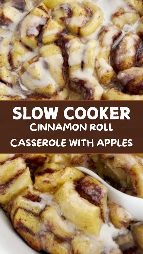 Slow Cooker Cinnamon Roll Casserole With Apples Cinnamon Roll Casserole Easy, Crockpot Cinnamon Roll Casserole, Slow Cooker Cinnamon Rolls, Pesto Mozzarella, Cinnamon Roll Casserole, Easy Holiday Desserts, Family Breakfast, Crockpot Chili, Holiday Eating