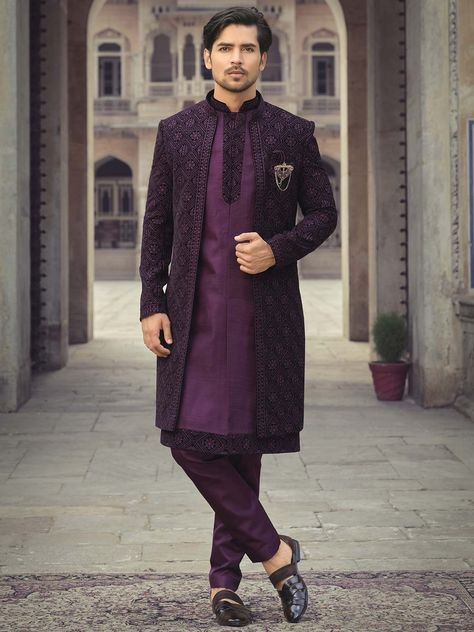 Purple Indian Outfit Men, Indo Western For Men Indian Weddings, Sangeet Inspiration, Purple Groom, Wedding Garments, Indowestern Outfits For Men, Unique Mens Wedding Suits, Indo Western Outfits For Men, Canyonwood Ridge