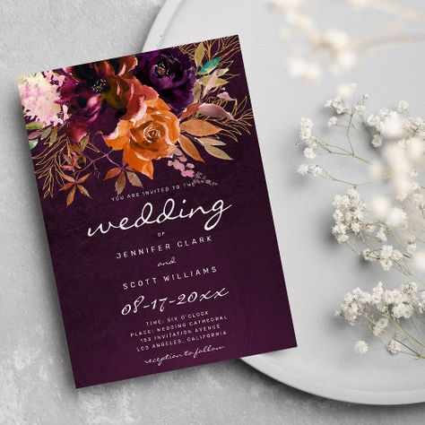 $3.94 | Burgundy orange pink gold floral fall wedding - floral wedding invitations, country chic weddings, autumn wedding invitations, fall wedding invitation, watercolor floral weddings, burgundy gold orange brown, watercolor burgundy gold floral, country chic, luxury and elegance, gold glitter foliage invites Eggplant Fall Wedding, Purple And Orange Wedding Invitations, Purple And Rust Wedding, Fall Wedding Purple Color Scheme, Purple And Burnt Orange Wedding, Orange And Purple Wedding Theme, Burnt Orange And Purple Wedding, Mango Wedding, Purple Orange Wedding