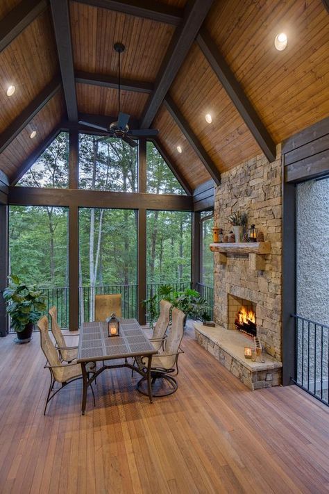 Cathedral Ceiling Living Room, Patio Addition, Covered Back Porches, Home Addition, The Fireplace, Cathedral Ceiling, Screened In Porch, Asheville, Dining Rooms