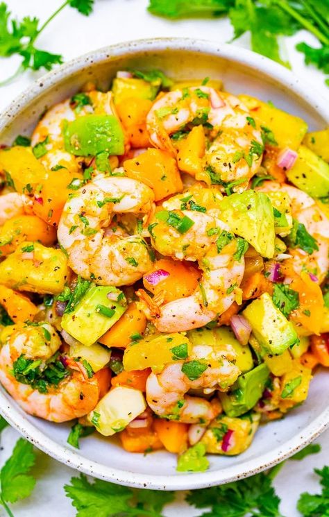 Avocado Mango Shrimp Salad - Averie Cooks Tropical Shrimp, Cilantro Shrimp, Warm Weather Recipes, Shrimp Salad Recipe, Salad With Mango, Mango And Avocado, Pineapple Shrimp, Shrimp Salad Recipes, Averie Cooks