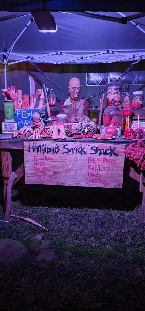 Halloween Butcher Decorations, Butcher Haunted House Ideas, Scary Halloween Float Ideas Parade, Haunted Cafeteria Ideas, Diy Halloween Butcher Shop, Haunted Carnival Halloween Decorations, Halloween Food Truck Ideas, Butcher Shop Haunted House Ideas, Haunted Butcher Shop Ideas