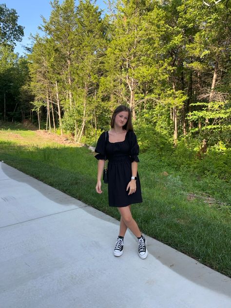 You can combine black dress and white&black converse Black Dress With Black Converse, Black Converse With Dress, Black Dress And Converse, Black Dress With Converse, Converse With A Dress, Long Tight Black Dress, Converse With Dress, Dress With Converse, Converse Outfits