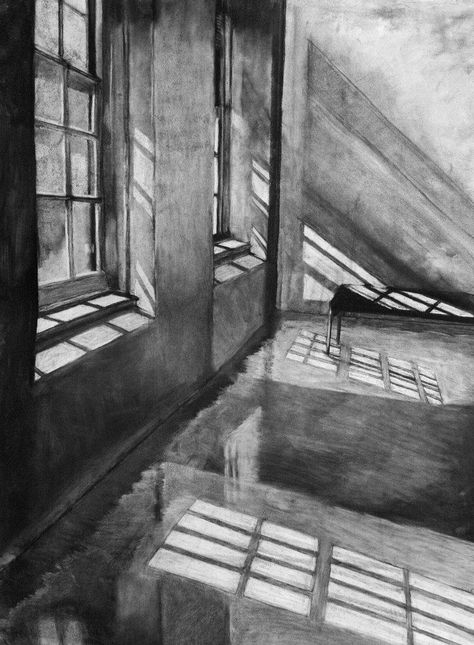 Interior Spaces Drawing, Drawings Of Rooms, Lighting Drawing, Light Drawing, Interior Drawing, Drawing Interior, Space Drawings, Drawing Charcoal, Creation Art