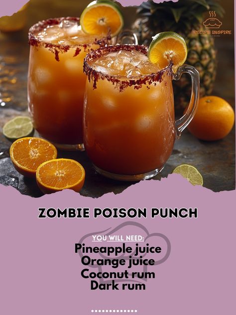 🧟‍♂️🍹 Dare to sip the Zombie Poison Punch – a spine-chilling concoction that’s sure to raise the spirits at your Halloween party! 🎃👻 #ZombiePoisonPunch #HalloweenDrinks Zombie Poison Punch Ingredients: Pineapple juice (2 cups) Orange juice (2 cups) Coconut rum (1 cup) Dark rum (0.5 cup) Grenadine (0.5 cup) Sliced oranges and limes (for garnish) Ice (as needed) Instructions: Mix pineapple juice, orange juice, coconut rum, and dark rum in a large pitcher. Stir in grenadine for a spooky effe... Fall Themed Alcoholic Punch, Coconut Rum Halloween Drinks, Malibu Rum Halloween Drinks, Halloween Rum Punch Recipes, Rum Halloween Punch, Halloween Drinks With Rum, Horror Themed Drinks, Halloween Party Drinks Alcohol Pitcher, Alcohol Halloween Punch