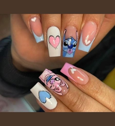 Unleash your personality with our Nail Art Extravaganza, featuring your favorite cartoons, movies, and snacks. From nostalgic animations to blockbuster hits and tasty treats, our collection offers creative and playful designs to adorn your nails. Perfect for movie nights or just to bring some fun into your daily look. #NailArtIdeas #CartoonNails #MovieNailDesigns #SnackNailArt Nails Acrylic Stitch, Stitch And Angel Nails, Stitch Nails Disney, Disney Gel Nails, Stitch Nails, Disney Acrylic Nails, Angel Nails, Fake Nails Designs, Fancy Nails Designs